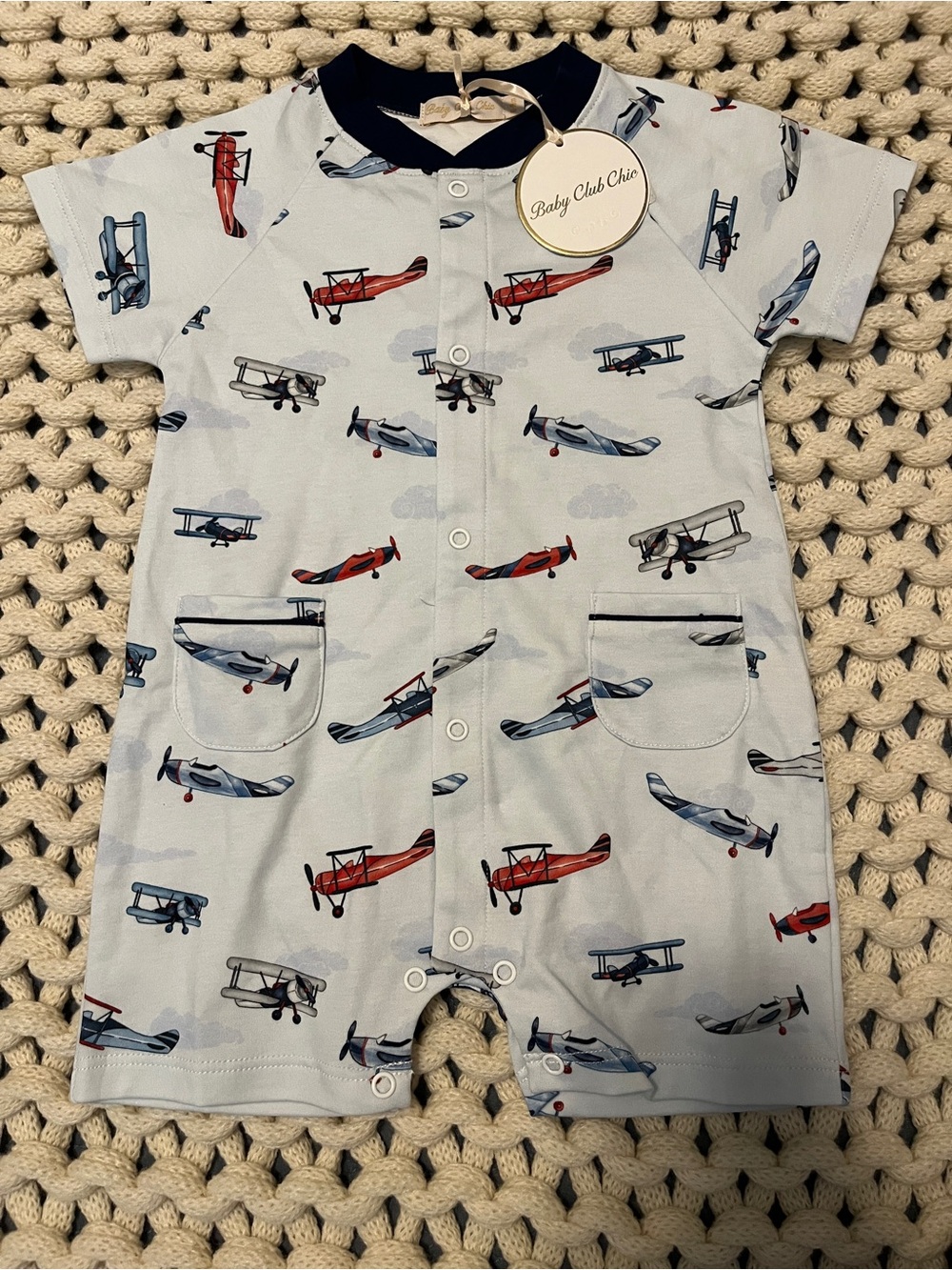Baby Club Chic Blue Airplane Print Short-Sleeve One-Piece